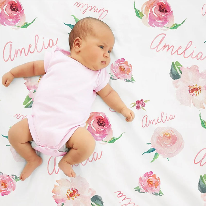 Personalized Baby Girl Floral Print Coral Blanket