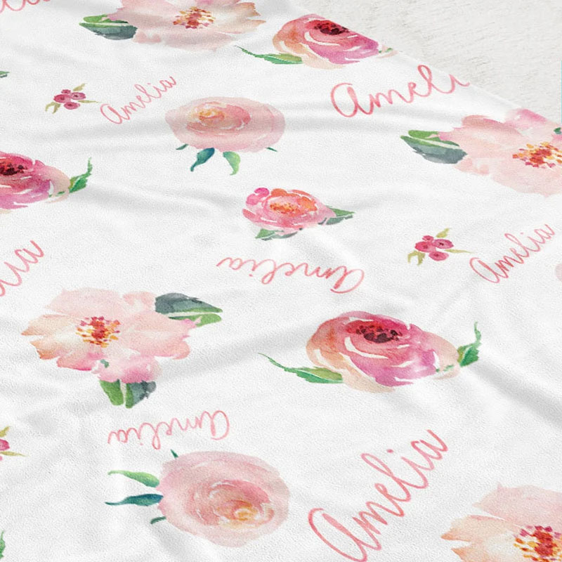 Personalized Baby Girl Floral Print Coral Blanket