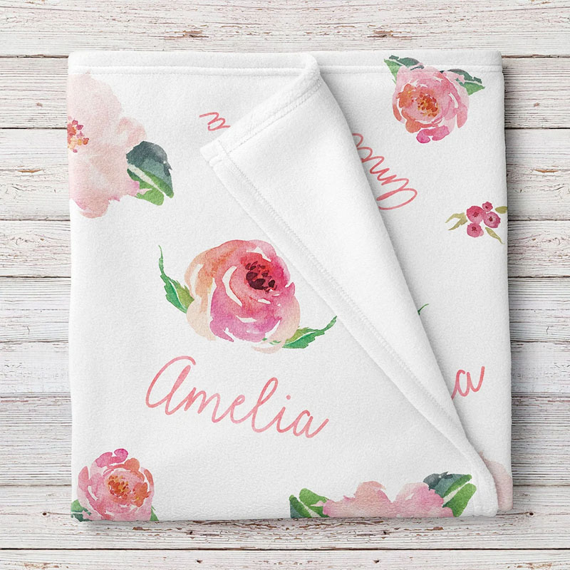 Personalized Baby Girl Floral Print Coral Blanket