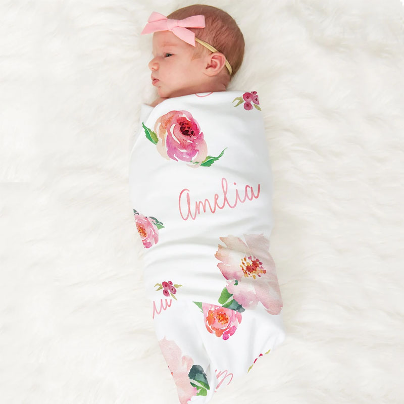 Personalized Baby Girl Floral Print Coral Blanket