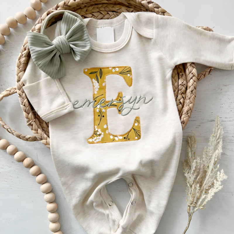 Personalized Baby Girl Vintage Floral Onesie And Bow Set