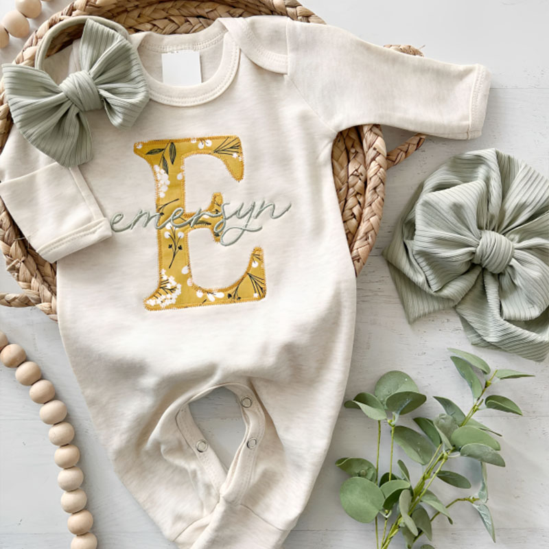 Personalized Baby Girl Vintage Floral Onesie And Bow Set