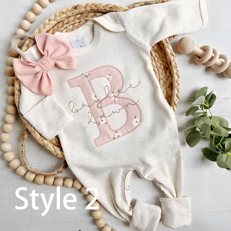 Personalized Baby Girl Vintage Floral Onesie And Bow Set