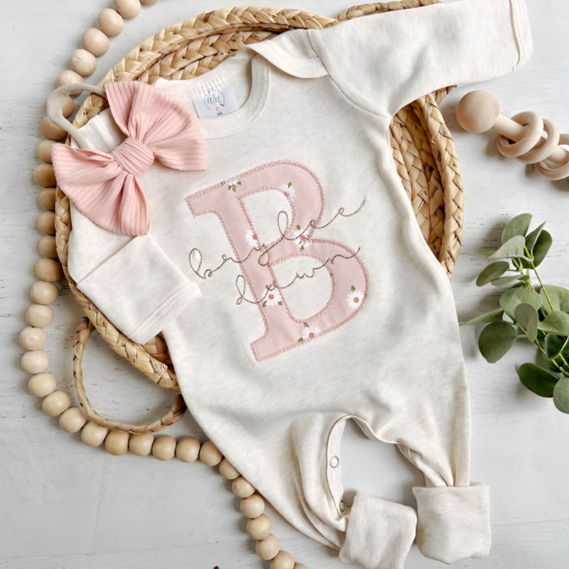 Personalized Baby Girl Vintage Floral Onesie And Bow Set