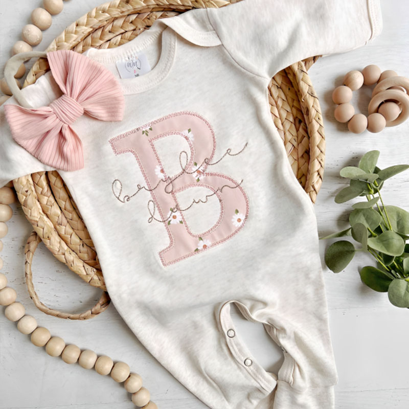 Personalized Baby Girl Vintage Floral Onesie And Bow Set
