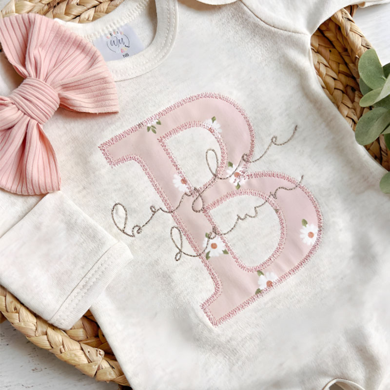 Personalized Baby Girl Vintage Floral Onesie And Bow Set