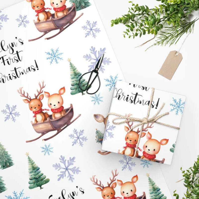 Personalized Cute Reindeer Baby's 1st Christmas Wrapping Paper