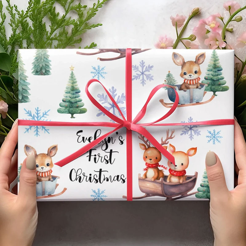 Personalized Cute Reindeer Baby's 1st Christmas Wrapping Paper