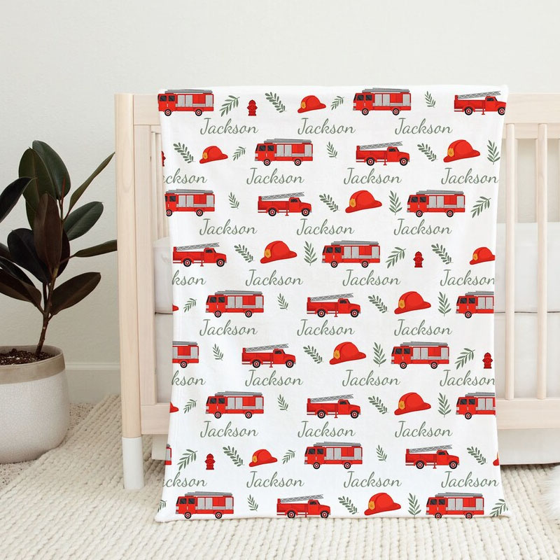 Personalized Firetruck Swaddle Blanket Set