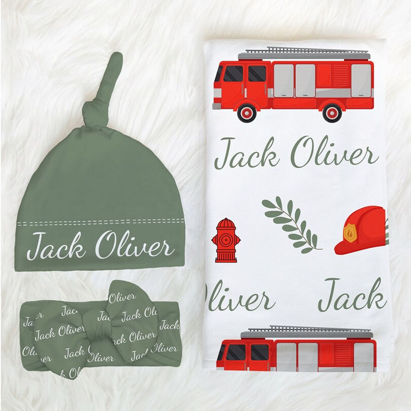 Personalized Firetruck Swaddle Blanket Set
