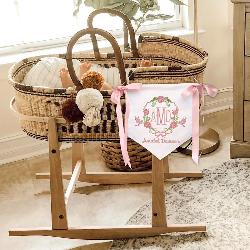 Personalized Floral And Bird Embroidered Monogram Welcome Baby Banner