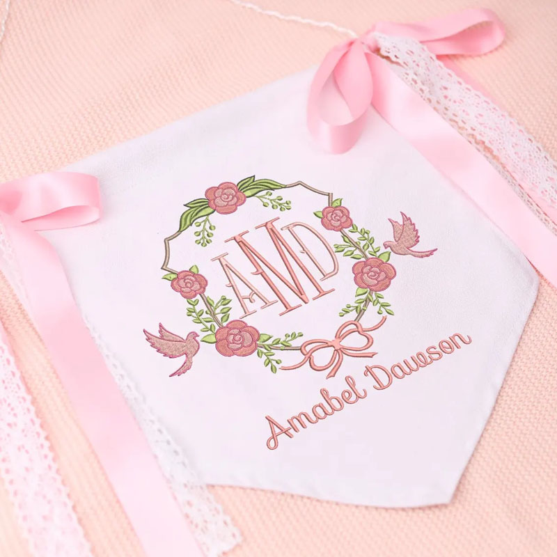 Personalized Floral And Bird Embroidered Monogram Welcome Baby Banner