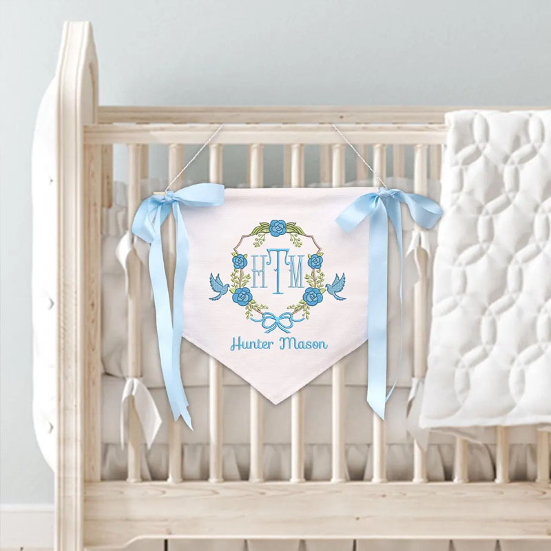 Personalized Floral And Bird Embroidered Monogram Welcome Baby Banner