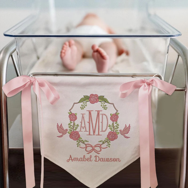 Personalized Floral And Bird Embroidered Monogram Welcome Baby Banner