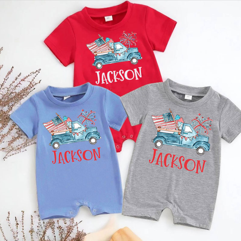 Personalized Fourth of July Baby Romper Patriotic Truck