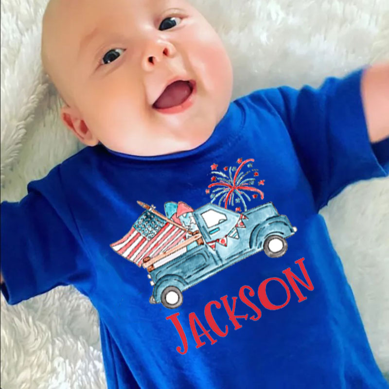 Personalized Fourth of July Baby Romper Patriotic Truck