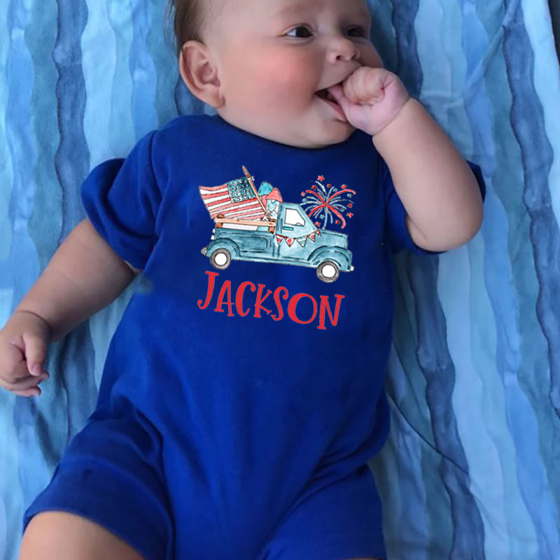 Personalized Fourth of July Baby Romper Patriotic Truck
