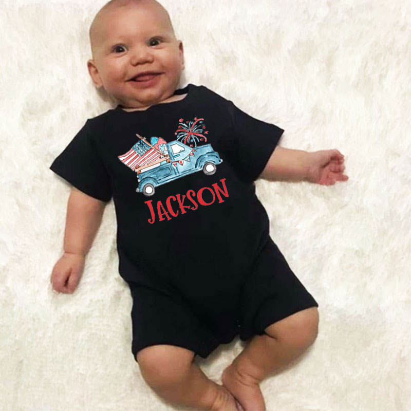 Personalized Fourth of July Baby Romper Patriotic Truck