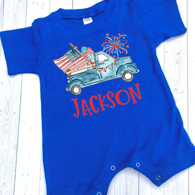 Personalized Fourth of July Baby Romper Patriotic Truck
