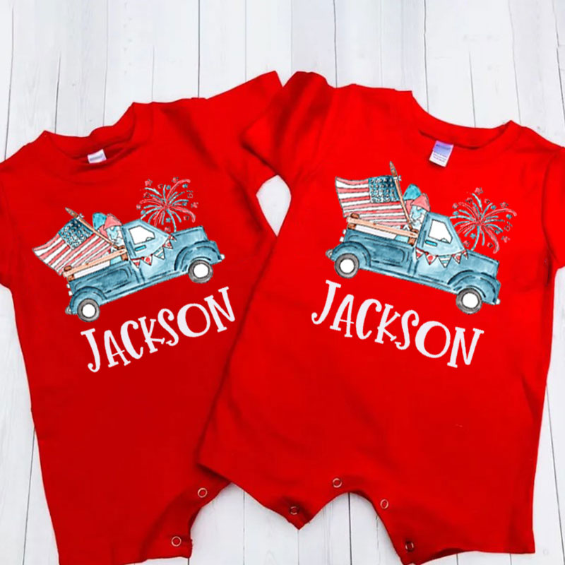 Personalized Fourth of July Baby Romper Patriotic Truck