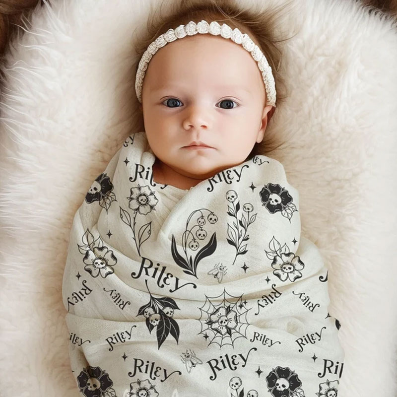 Personalized Gothic baby swaddle Skull flowers blanket
