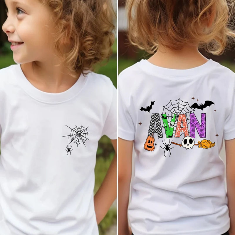 [Youth Shirt / 2-14 Years]Personalized Name Halloween Spider Web Shirt