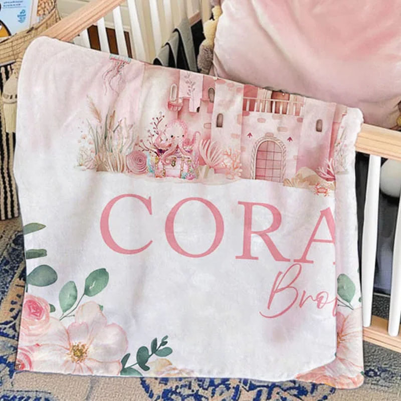 Personalized Pink Floral Castle Princess Soft Baby Blanket
