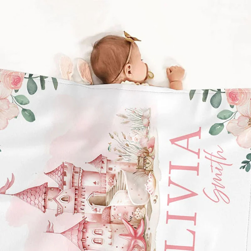 Personalized Pink Floral Castle Princess Soft Baby Blanket