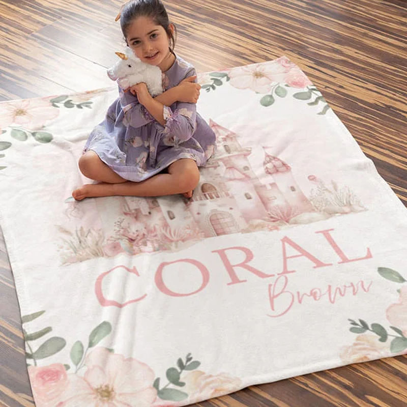 Personalized Pink Floral Castle Princess Soft Baby Blanket