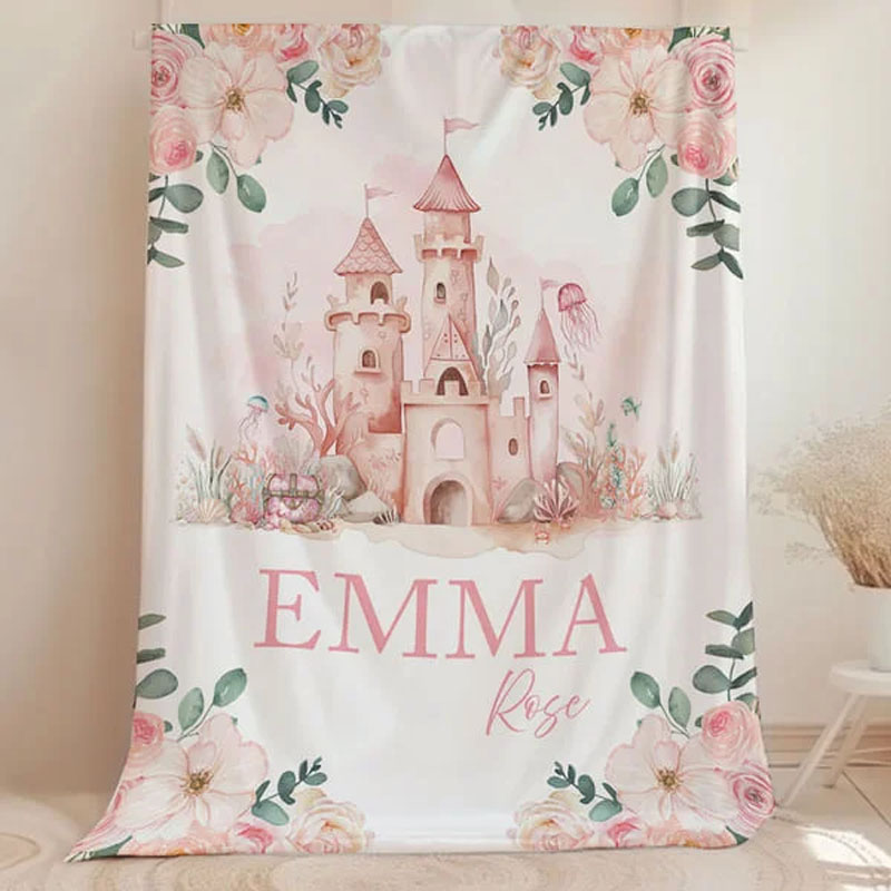 Personalized Pink Floral Castle Princess Soft Baby Blanket