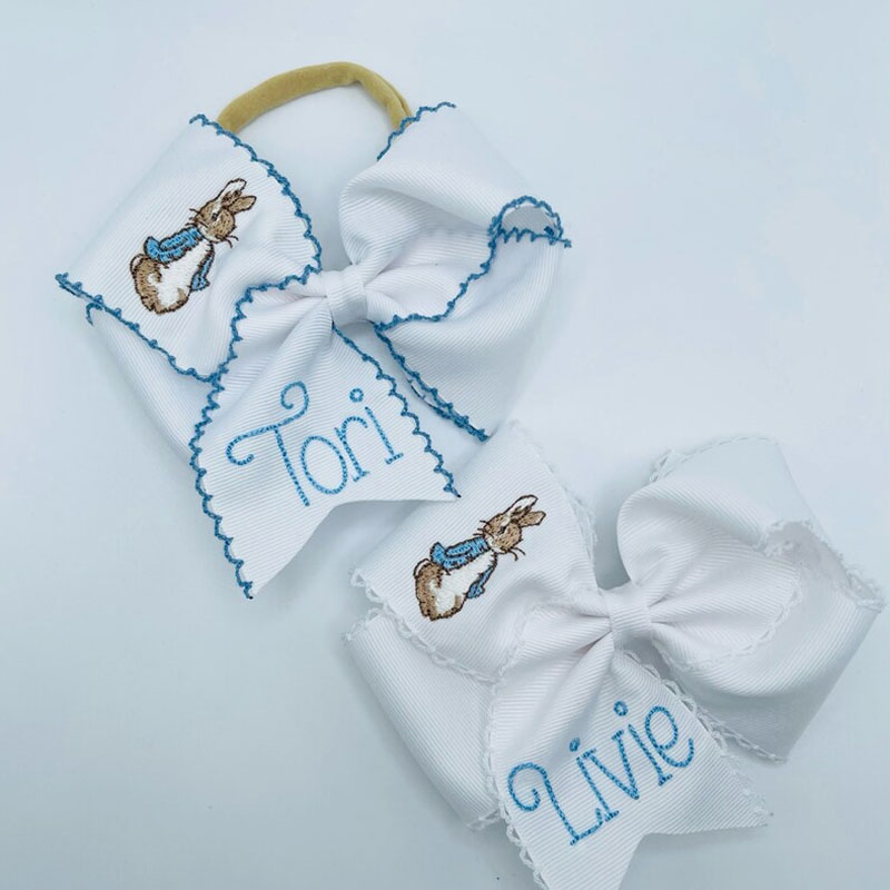 Peter Rabbit moonstitch ribbon Easter hair bow