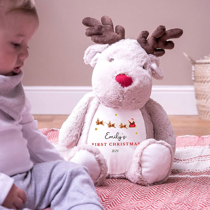 Personalised Babies First Christmas Santa and Sleigh Reindeer Teddy Plush