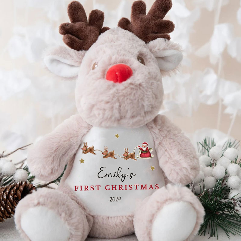 Personalised Babies First Christmas Santa and Sleigh Reindeer Teddy Plush