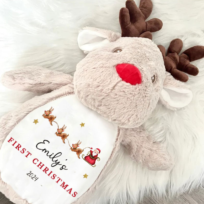Personalised Babies First Christmas Santa and Sleigh Reindeer Teddy Plush
