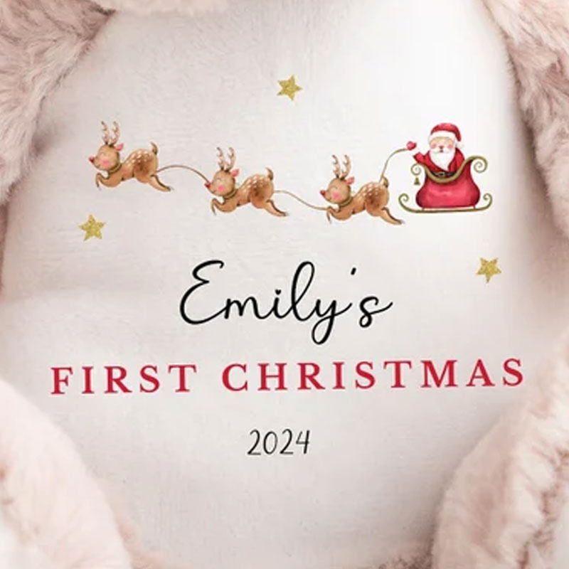 Personalised Babies First Christmas Santa and Sleigh Reindeer Teddy Plush