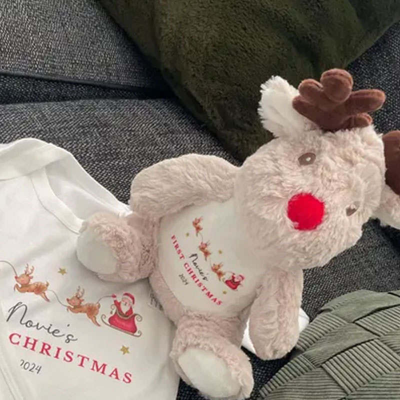 Personalised Babies First Christmas Santa and Sleigh Reindeer Teddy Plush