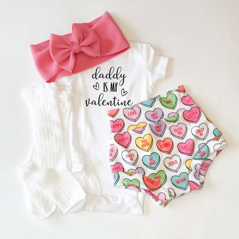 Daddy is my Valentine Baby Girl Bummies and Bow Outfit Set
