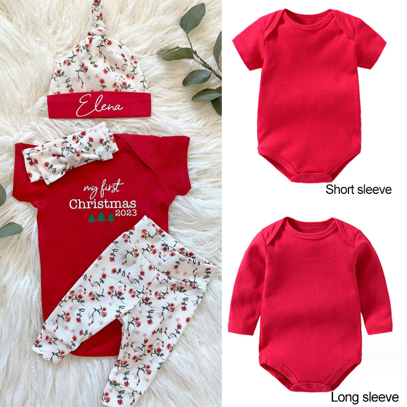Personalized Baby Girl 1st Christmas outfit, Set of 4