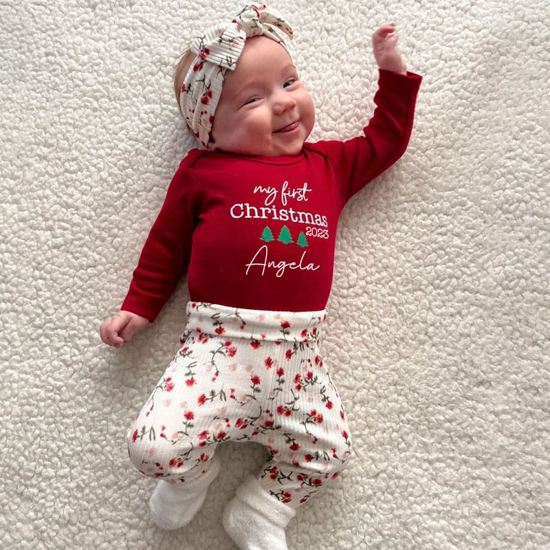 Personalized Baby Girl 1st Christmas outfit, Set of 4