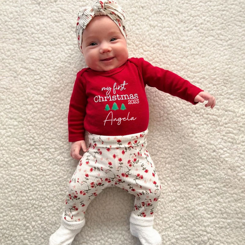 Personalized Baby Girl 1st Christmas outfit, Set of 4