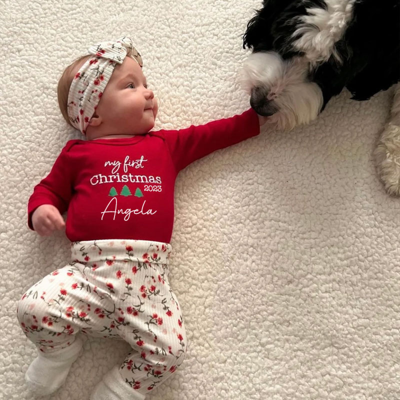 Personalized Baby Girl 1st Christmas outfit, Set of 4