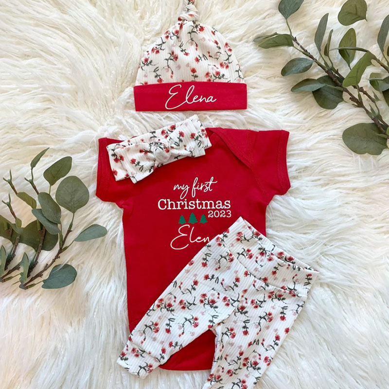 Personalized Baby Girl 1st Christmas outfit, Set of 4