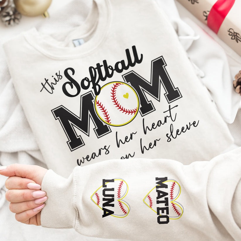 This Softball Mom Wear Her Heart On Her Sleeve - Personalized Sweatshirt