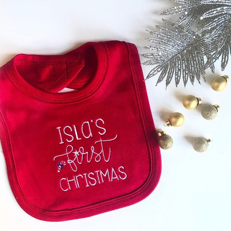Personalised Embroidered My First Christmas Red Candy Cane Christmas Bib