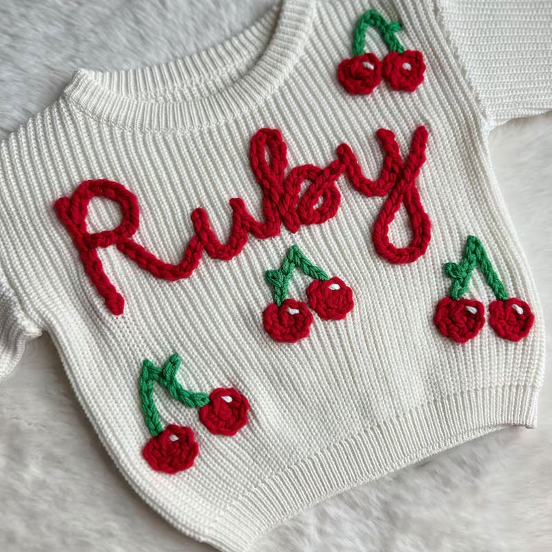 knit hand embroidered baby cherry beach sweater