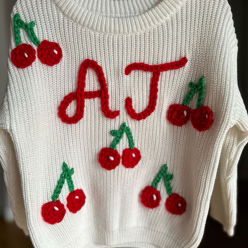 knit hand embroidered baby cherry beach sweater