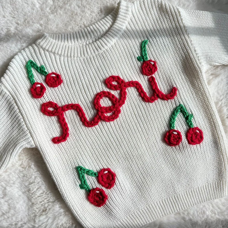 knit hand embroidered baby cherry beach sweater