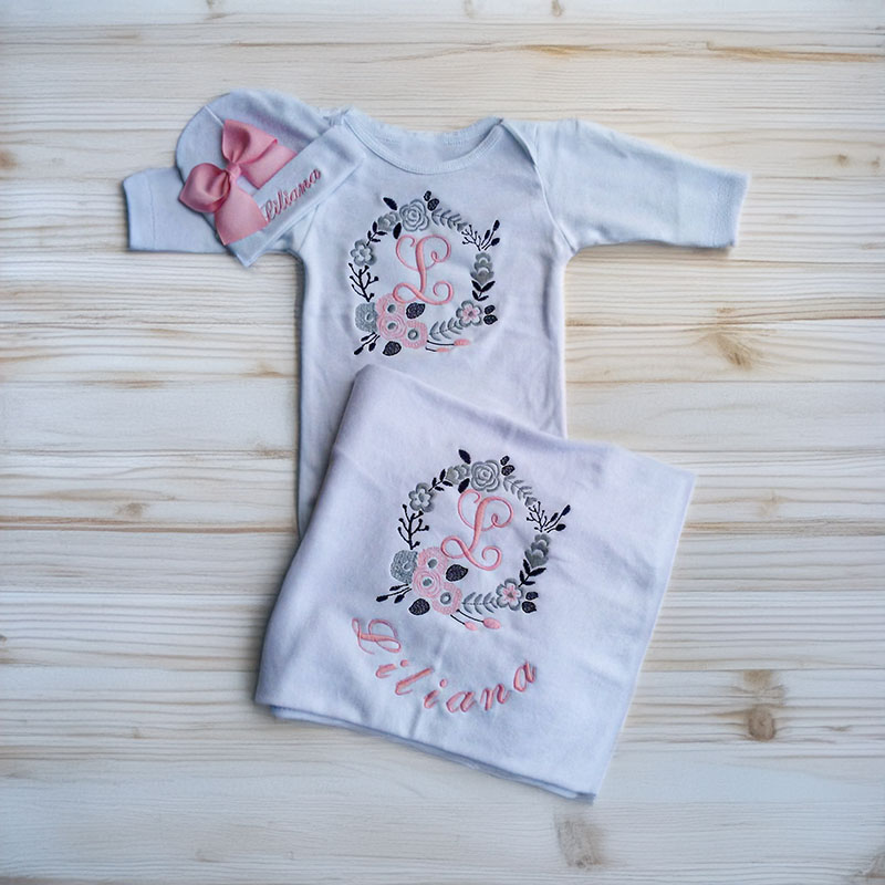Personalized Floral Gown Newborn Girl Coming Home Outfit