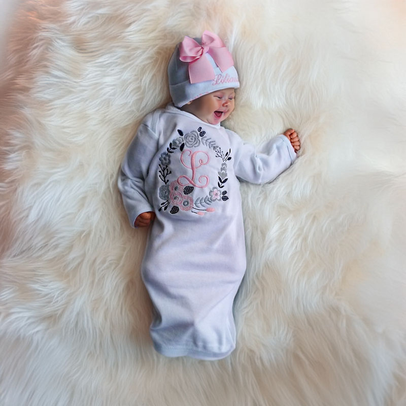 Personalized Floral Gown Newborn Girl Coming Home Outfit