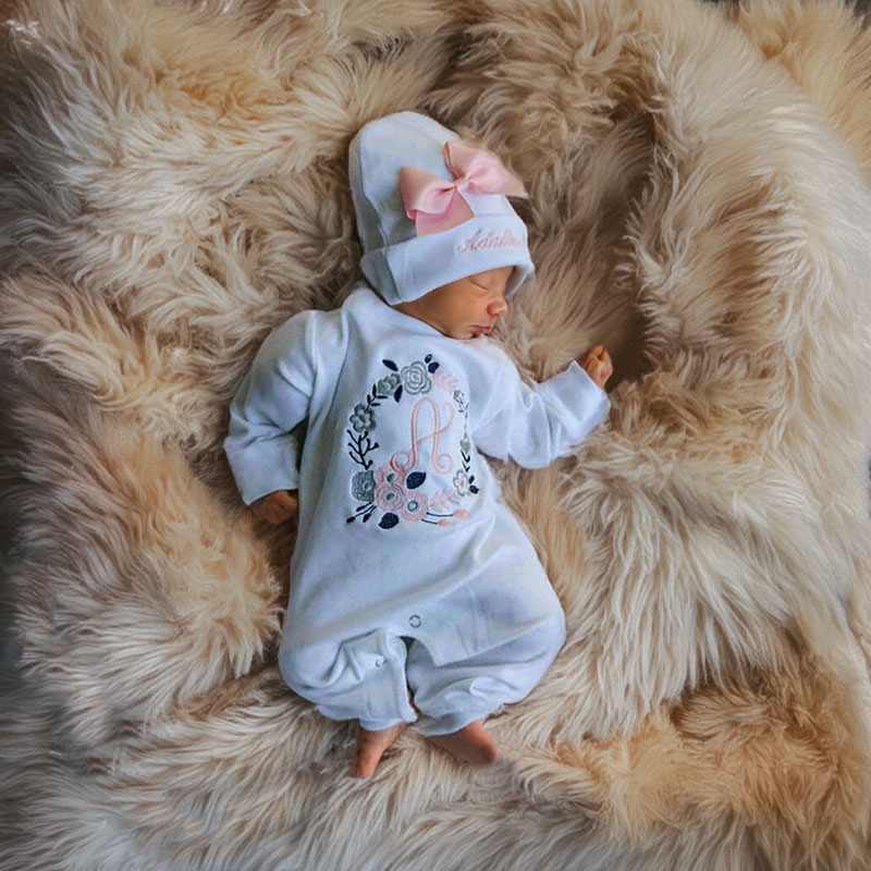 Newborn Girl Monogrammed Floral Footie Romper
